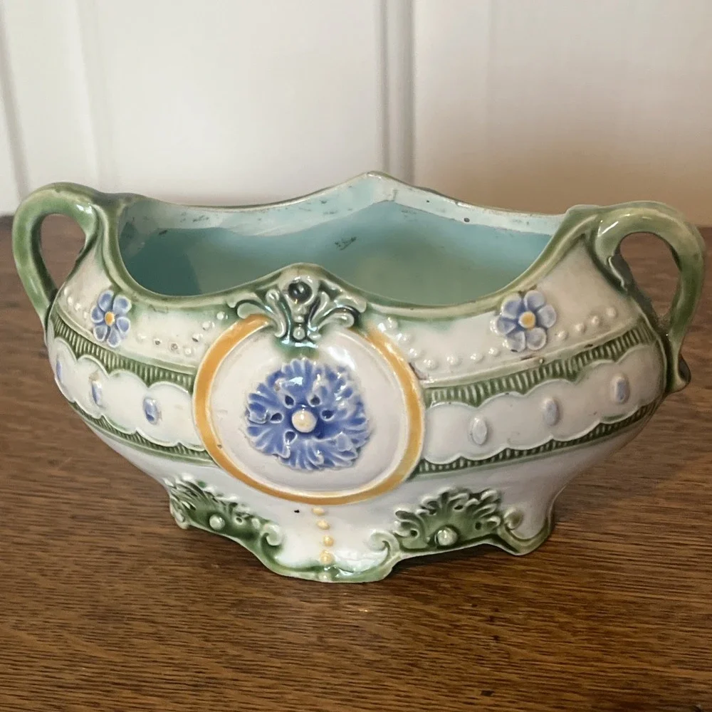 Antique Green/Lavender Majolica Art Nouveau Jardinière Floral 6” x 3” ~Hairline